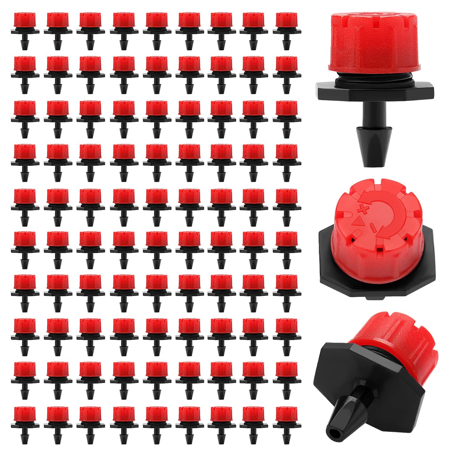 90 Piezas 1/4'' Goteros de Riego, VooGenzek Plástico Aspersores de Riego Ajustables de 8 Agujeros, Cabezas de Riego Rojo