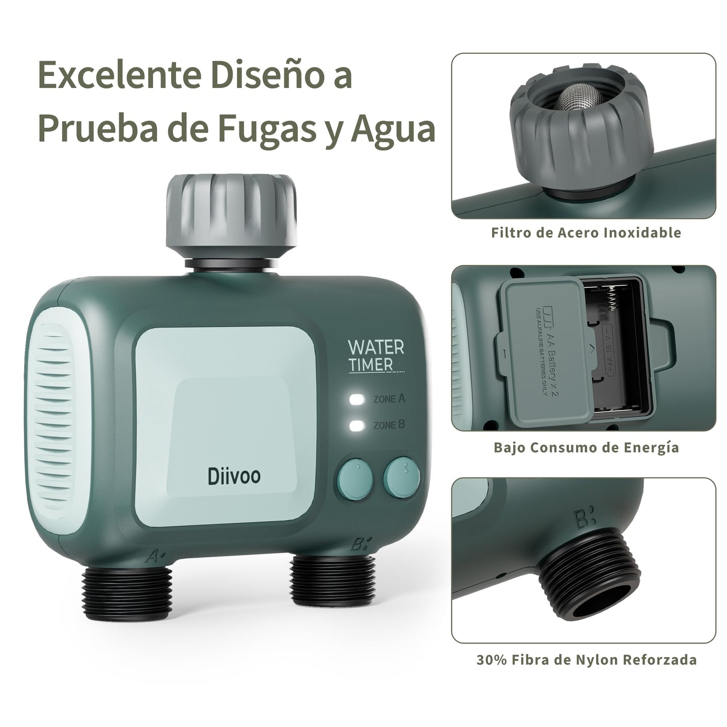 Diivoo Programador de Riego WiFi 2 Salidas, Temporizador Riego Automático con 5 Programas & 2 Modos de riego & La Lluvia se Retrasó, Riego Automatico Compatible con Alexa y Smart App para Jardín
