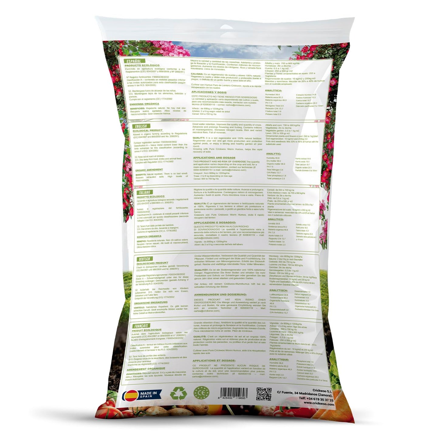 CRICKWOO - Humus de Lombriz para Plantas Puro. El Mejor Abono Natural, 42L / 25KG