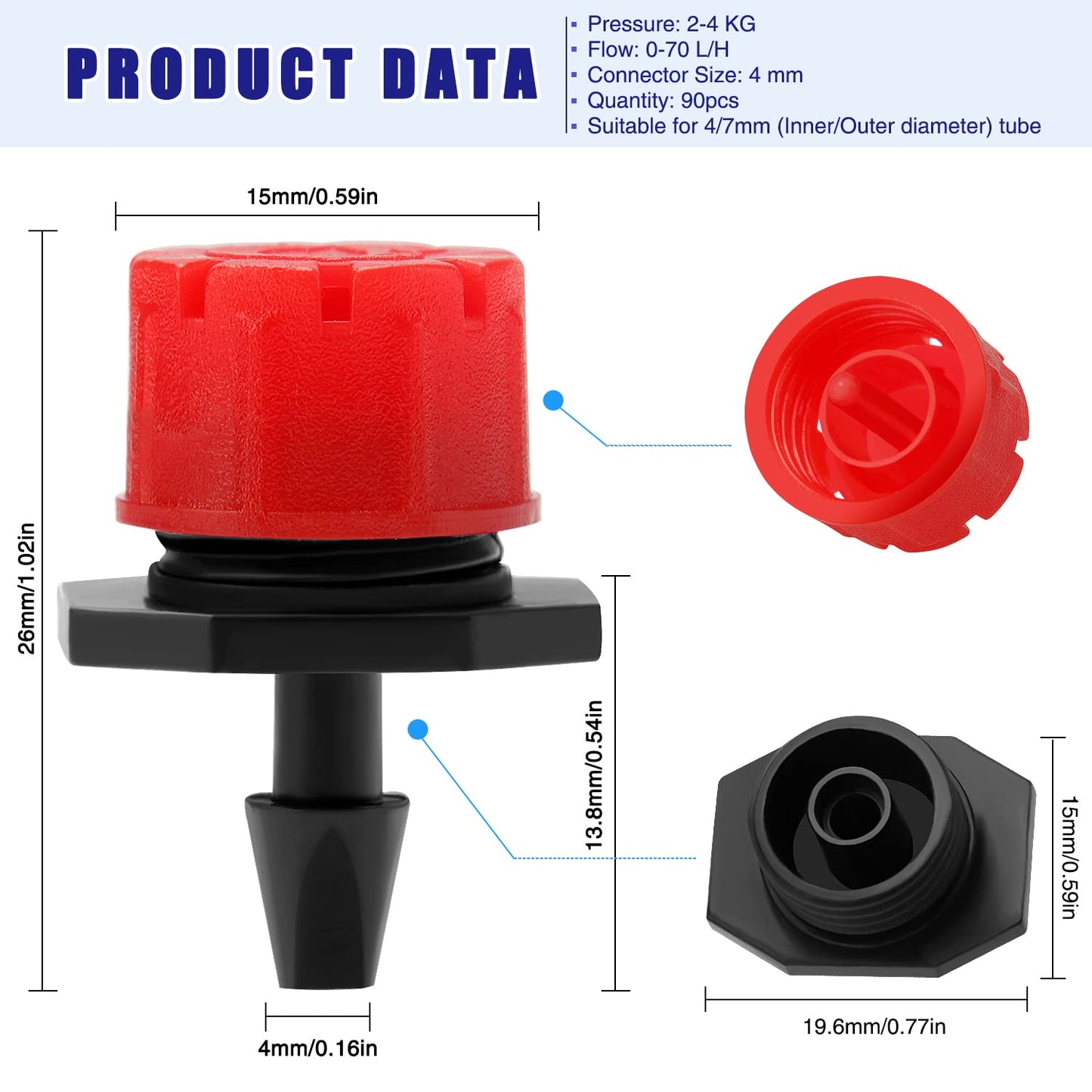 90 Piezas 1/4'' Goteros de Riego, VooGenzek Plástico Aspersores de Riego Ajustables de 8 Agujeros, Cabezas de Riego Rojo