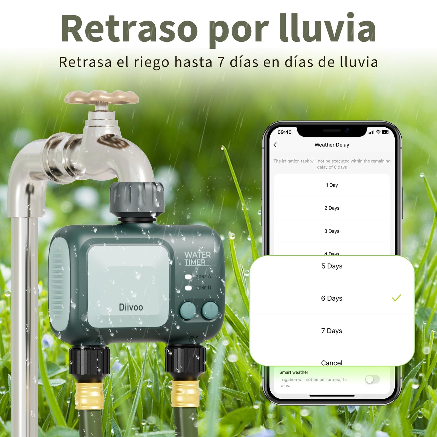 Diivoo Programador de Riego WiFi 2 Salidas, Temporizador Riego Automático con 5 Programas & 2 Modos de riego & La Lluvia se Retrasó, Riego Automatico Compatible con Alexa y Smart App para Jardín