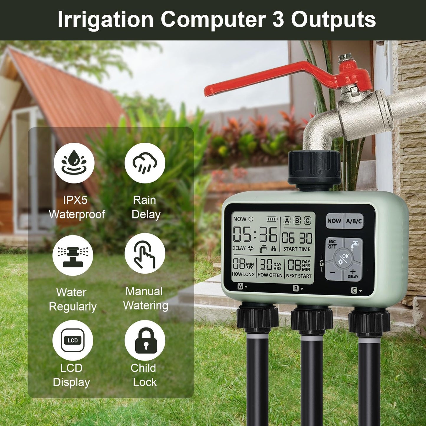Johgee Computadora de riego con 3 Salidas controladas independientemente,