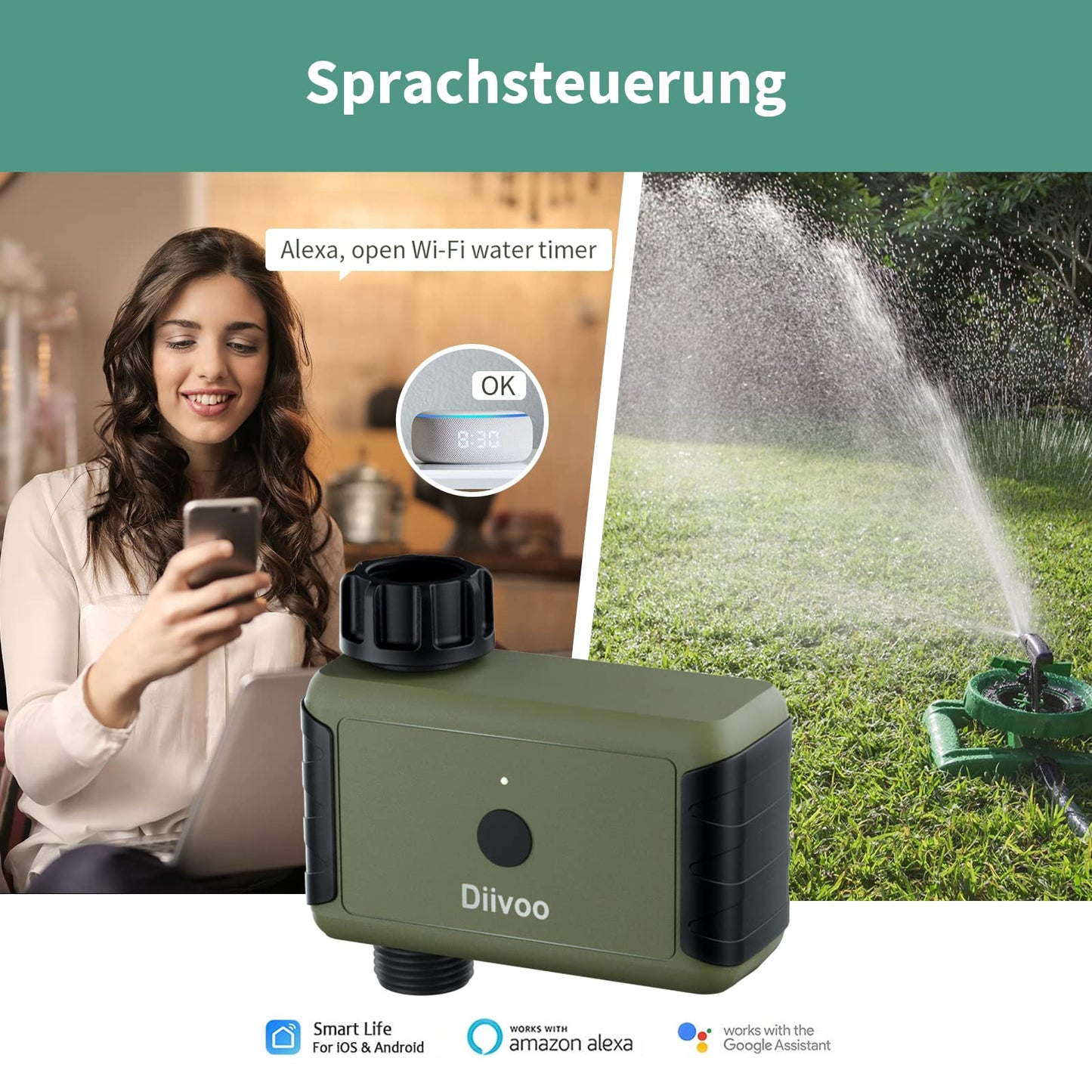 Diivoo Programador de Riego WiFi, Temporizador Riego Automático con 2 Modos de riego &20 Programas & Retraso en la Lluvia, Riego Automatico Compatible con Alexa y Smart Life App para Jardín
