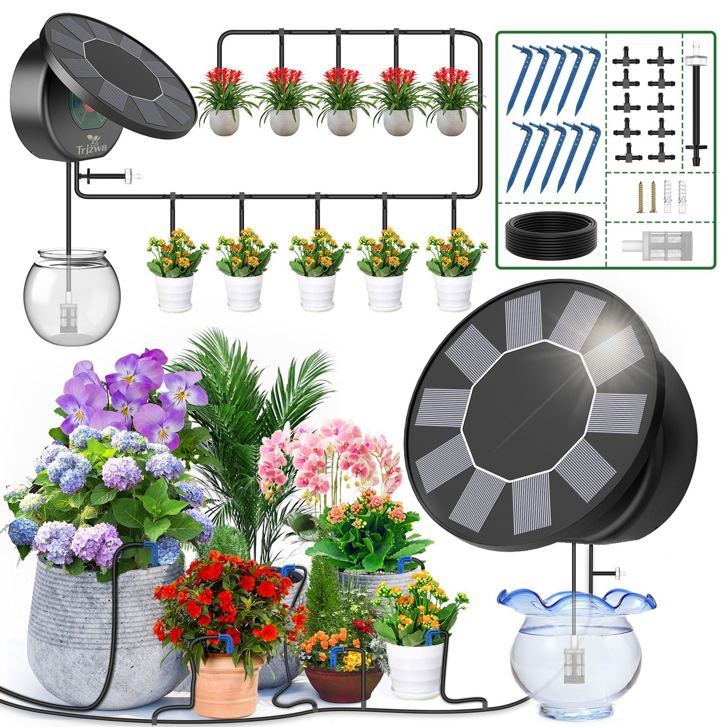 TRJZWA Sistema de Riego Solar para Jardín,Riego por Goteo Automatico 9 Programas de Riego