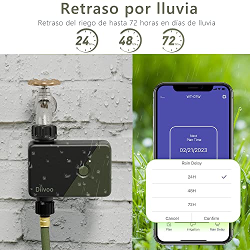 Programador de Riego WiFi Diivoo con 6 Programas, Retraso por Lluvia, Compatible con Alexa y Google Assistant