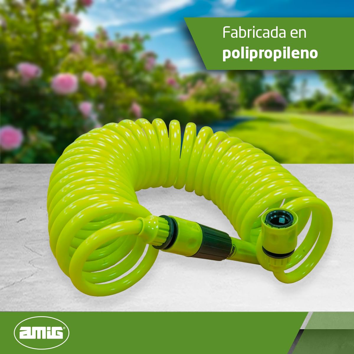 Amig - Manguera en Espiral - Fabricada en Polipropileno - Medida Extensible hasta 7,5 m - Incluye Lanza de Riego, Adaptador y 2 Empalmes