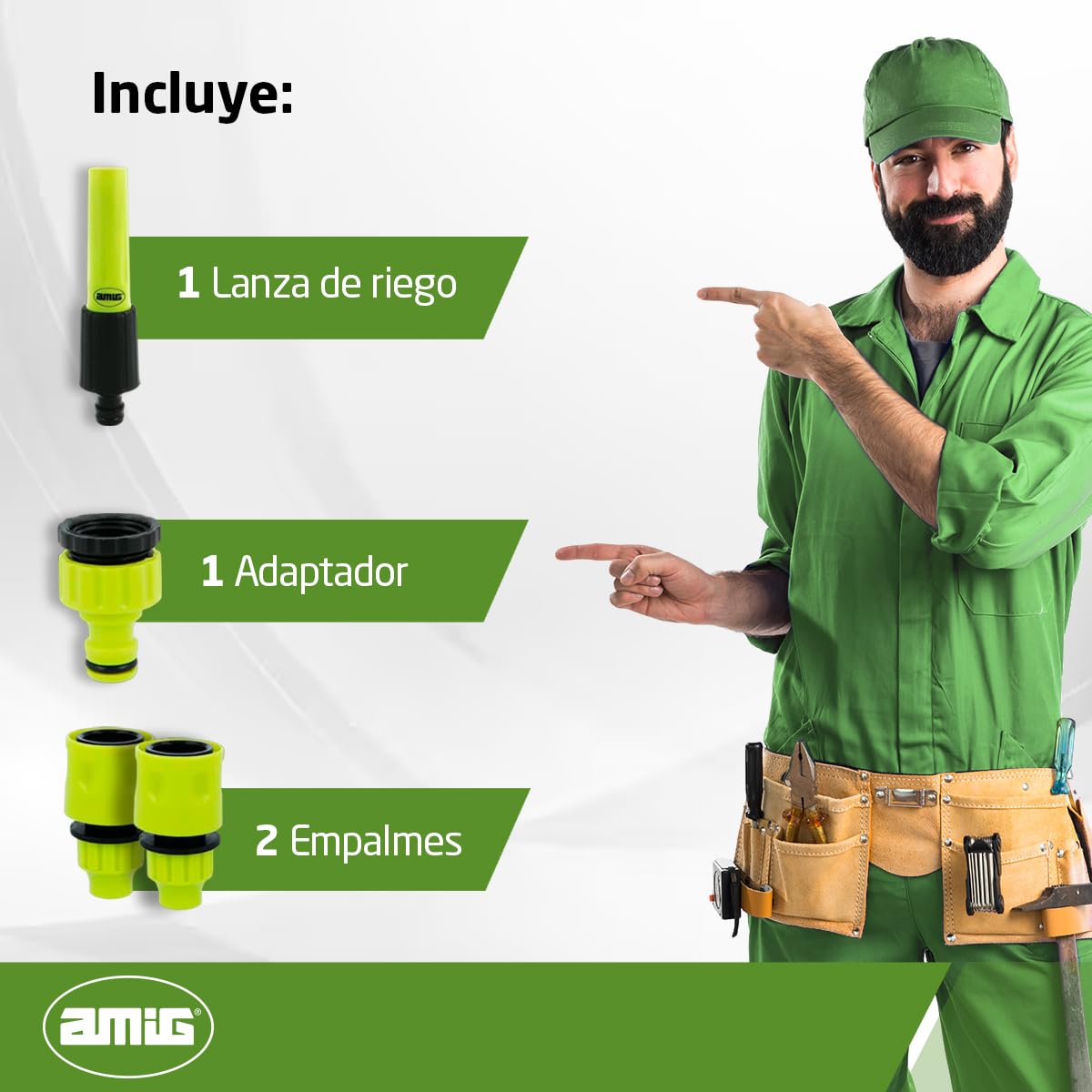 Amig - Manguera en Espiral - Fabricada en Polipropileno - Medida Extensible hasta 7,5 m - Incluye Lanza de Riego, Adaptador y 2 Empalmes