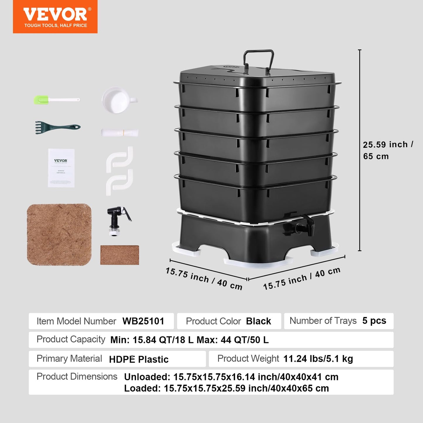 VEVOR Compostador de Lombrices 50 L con 5 Bandejas  Lombricultura