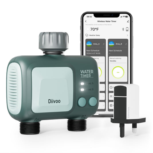 Diivoo Programador de Riego WiFi 2 Salidas, Temporizador Riego Automático con 5 Programas & 2 Modos de riego & La Lluvia se Retrasó, Riego Automatico Compatible con Alexa y Smart App para Jardín