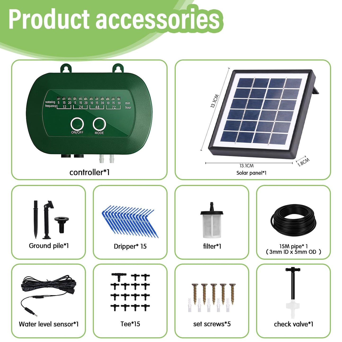 Riego Por Goteo Automático Energía Solar, 2024 con 12 Modos de Riego & 15 Cabezales de Goteo