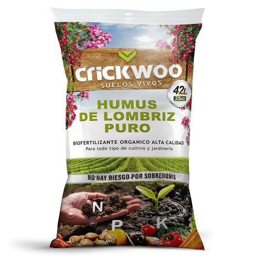 CRICKWOO - Humus de Lombriz para Plantas Puro. El Mejor Abono Natural, 42L / 25KG