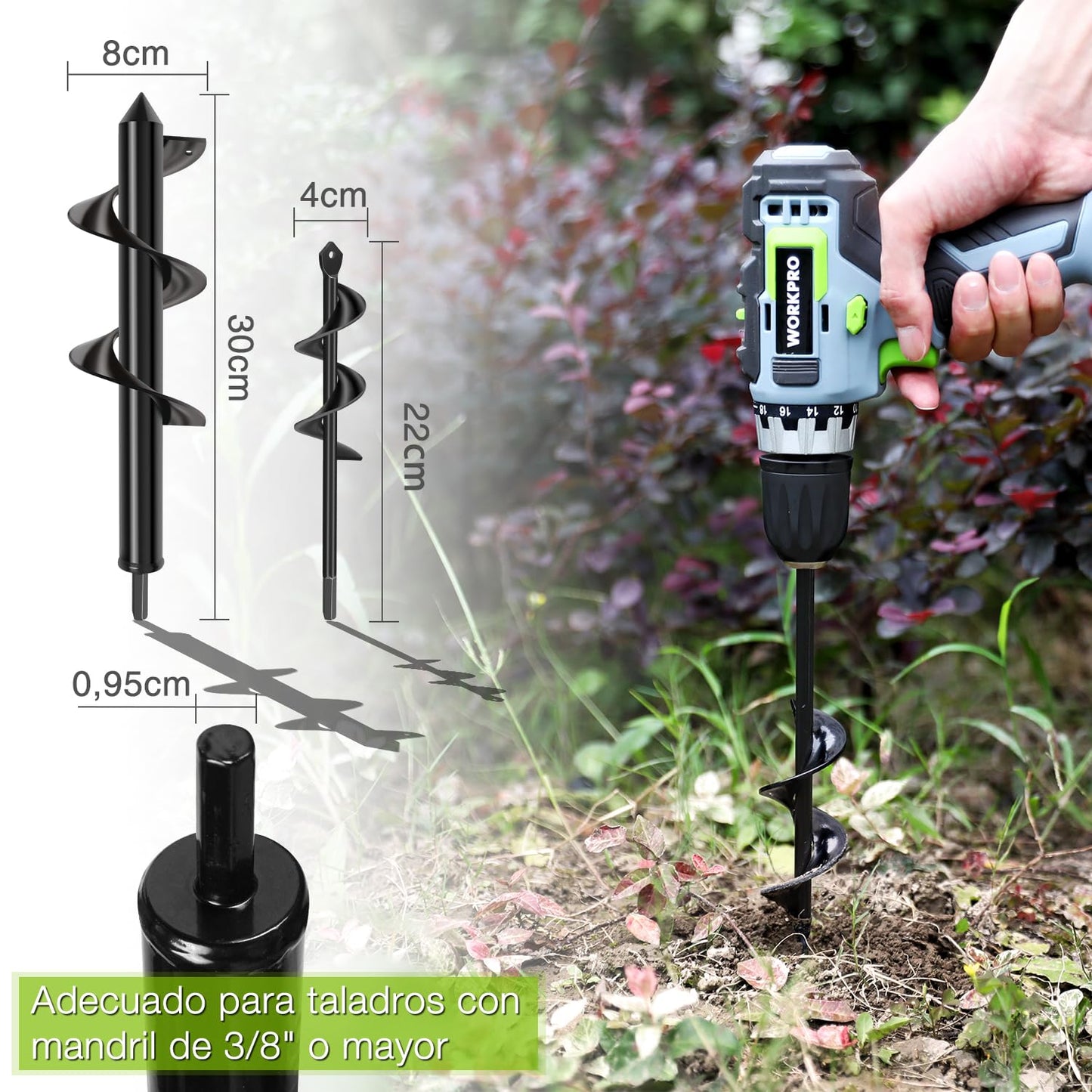 WORKPRO Broca Espiral de Jardín 2-piezas,8 x 30 cm & 4 x 22 cm)