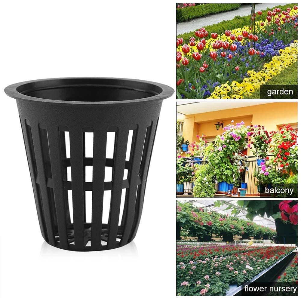 10 unids/Set Copas de Plantas Ollas Plástico Durable Jardín Neto Guardería Canasta Canasta para Hidroponía Jardín Balcón Plantación(Negro)