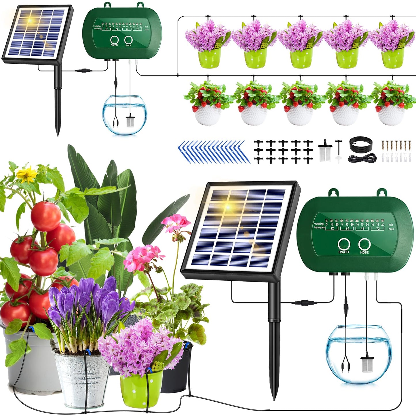 Riego Por Goteo Automático Energía Solar, 2024 con 12 Modos de Riego & 15 Cabezales de Goteo