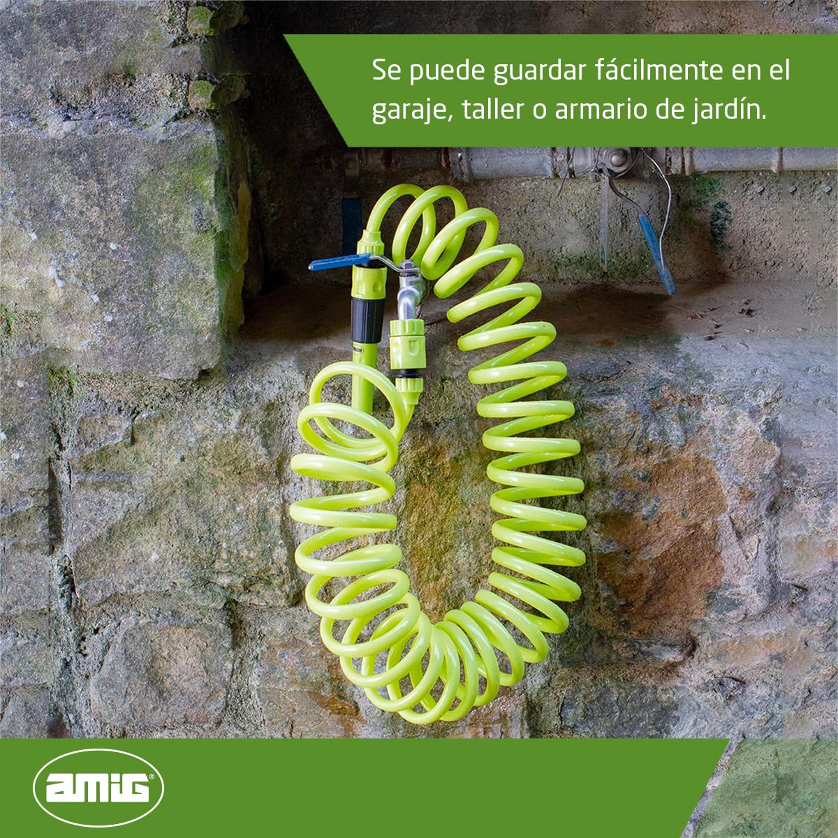 Amig - Manguera en Espiral - Fabricada en Polipropileno - Medida Extensible hasta 7,5 m - Incluye Lanza de Riego, Adaptador y 2 Empalmes