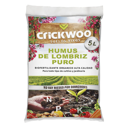 Crickwoo - Humus de Lombriz para Plantas Puro. El Mejor Abono Natural, 5L / 2,8KG, Fertilizante Universal Orgánico, Rico en microorganismos efectivos para Cualquier Tipo de Cultivo