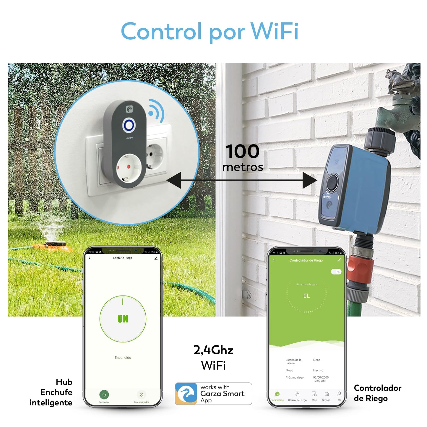 Garza Smart - Programador de riego automático Wifi con Enchufe Hub para jardín