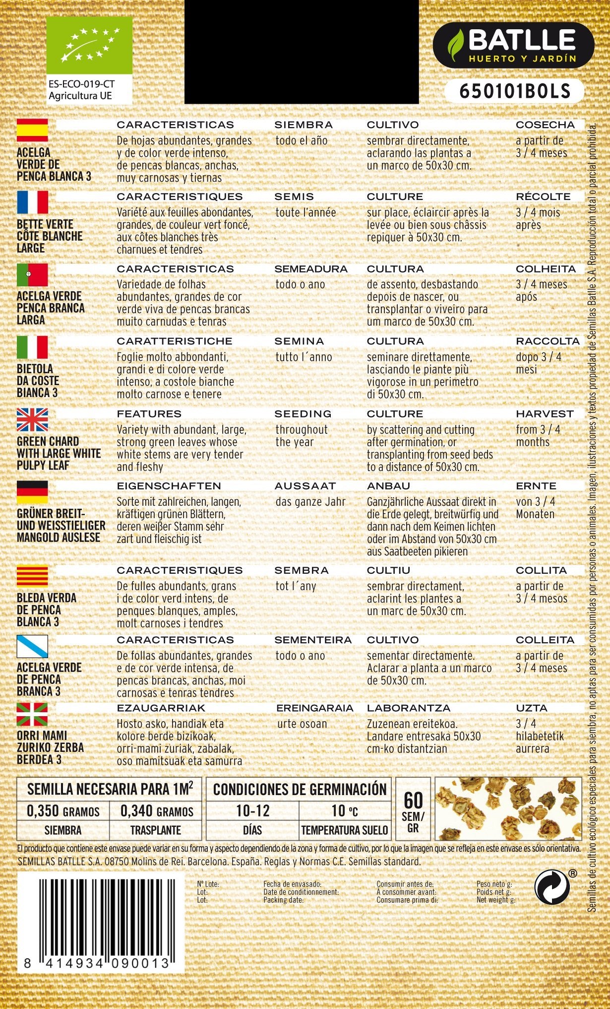 Semillas Batlle Semillas ecológicas - acelga verde suiza m. costillas blancas 3 (60 semillas - orgánicas)