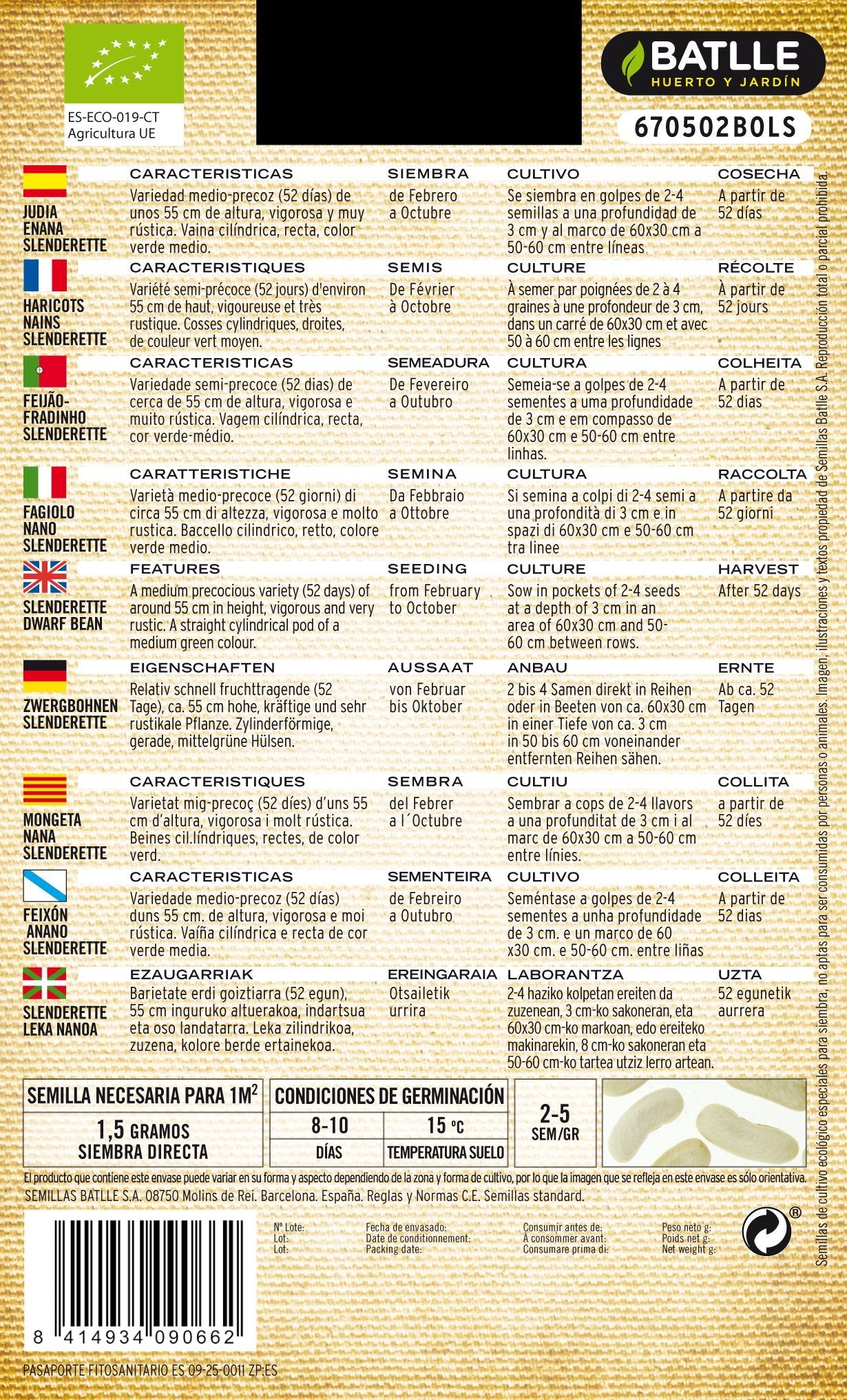 Semillas Batlle Judia Slenderette - ECO